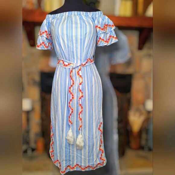 Marie Oliver Dresses & Skirts - *SOLD* Marie Oliver Darcy Off Shoulder Tie Waist Side Split Stripe Dress XS